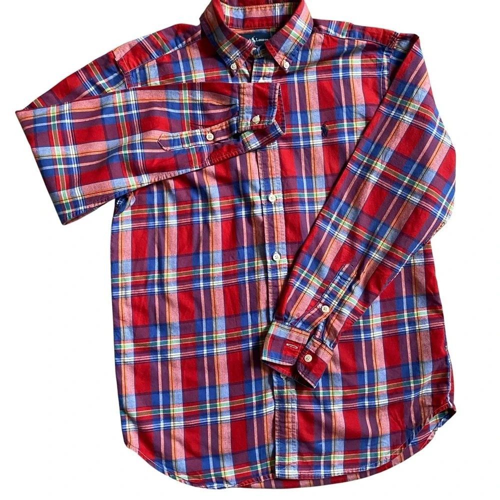 Ralph Lauren Shirt Boy Size L/14-16 Red Tartan Long Sleeve Button Down Preppy